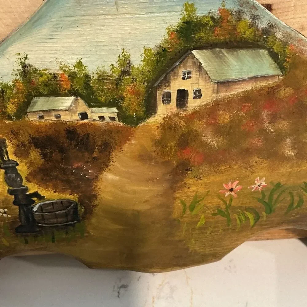 Hand-painted Wooden Towel Rack Cottage scene with flowers water pump